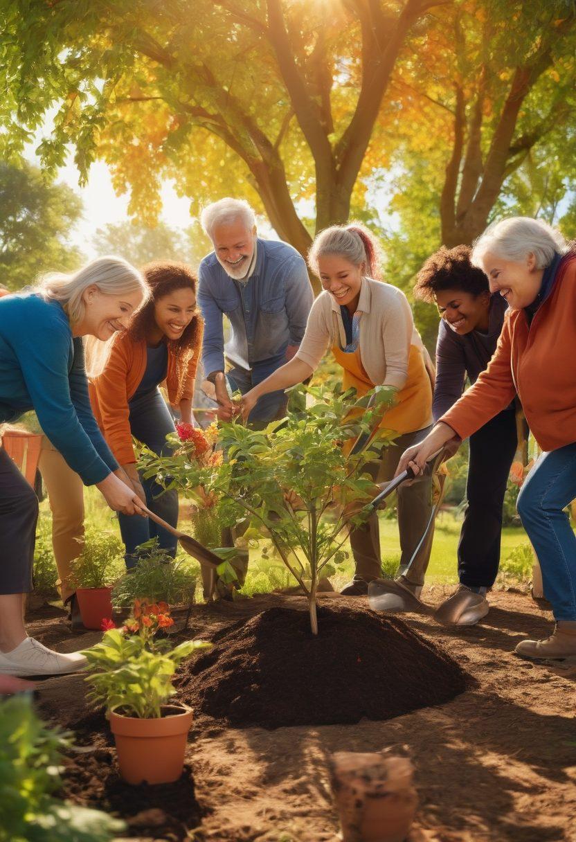 A diverse group of people of different ages and backgrounds working together, planting trees in a community garden, smiling and collaborating joyfully. Various tools and colorful plants surround them, symbolizing growth and unity. Bright sunlight shines down, creating a warm, inviting atmosphere. super-realistic. vibrant colors. warm background.