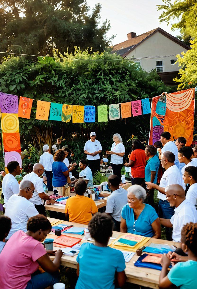 A vibrant community gathering under a warm sunset, showcasing diverse individuals of different ages and cultures collaborating on a project. Include elements like colorful banners, smiling faces, and hands working together on art and crafts. The atmosphere is filled with joy, laughter, and a sense of unity. Lush greenery and a small stage with a speaker in the background enhance the setting. super-realistic. vibrant colors. warm tones.