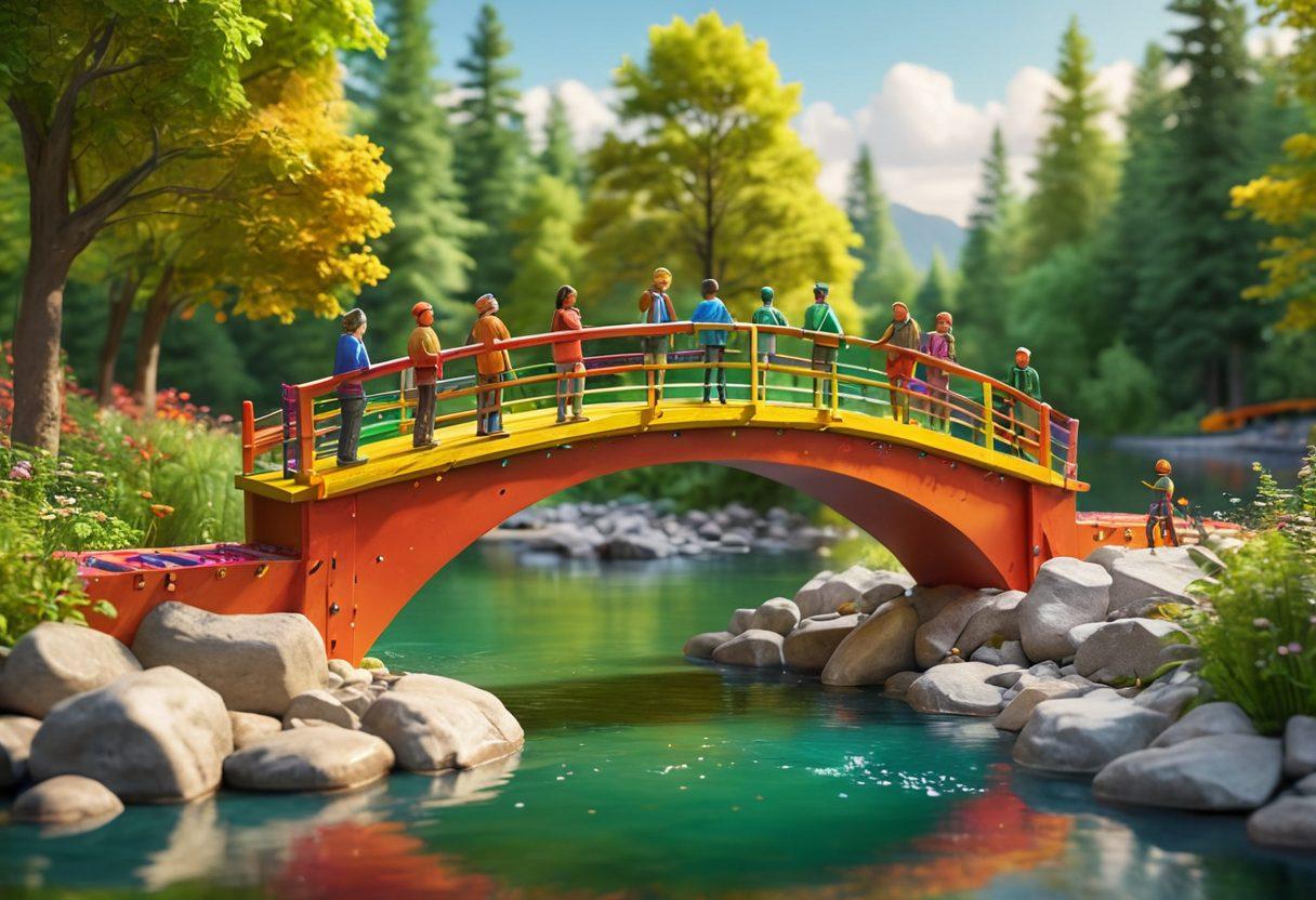 A vibrant scene depicting diverse individuals collaboratively building a colorful bridge over a sparkling river, symbolizing community and connection. Incorporate tools like hammers and paintbrushes, with joyful expressions on their faces, and a backdrop of lush green trees and a bright sky. Highlight elements of teamwork and creativity in the scene. bright colors. 3D.